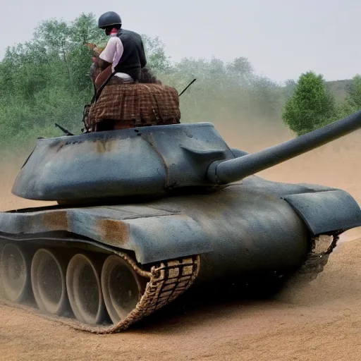 Prompt: a horse riding a tank