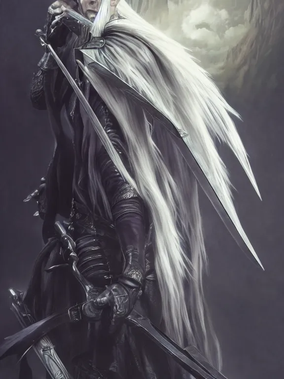 Image similar to a beautiful and detailed matte painting of sephiroth from final fantasy 7, fantasy, d & d, dark eyeliner, intricate, elegant, highly detailed, digital painting, artstation, concept art, matte, sharp focus, illustration, art by greg rutkowski and alphonse mucha