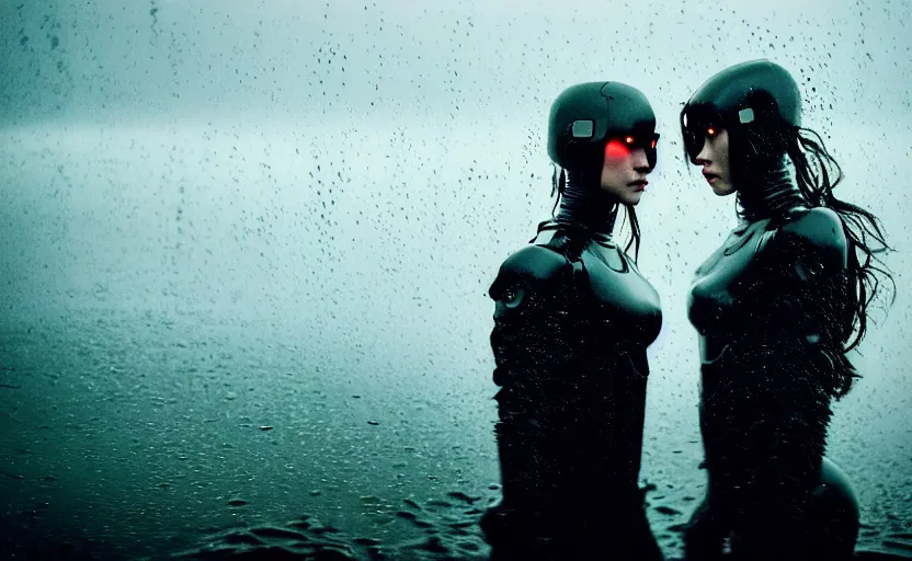 Image similar to cinestill 5 0 d candid photographic portrait by christopher nolan of two loving female androids wearing rugged black mesh techwear in treacherous waters, extreme closeup, modern cyberpunk moody emotional cinematic, pouring rain menacing red spotlight, 8 k, hd, high resolution, 3 5 mm, f / 3 2, ultra realistic faces, ex machina