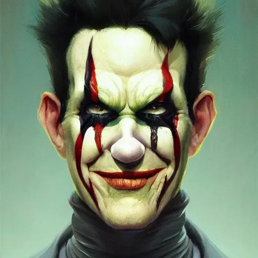 Image similar to 4k headshot portrait of Spawn clown from Macfarlane comics by Craig Mullins, ilya kuvshinov, krenz cushart, epic , artgerm trending on artstation by Edward Hopper and Dan Mumford and WLOP and Rutkovsky, beksinski carl spitzweg moebius and tuomas kocar, intricate artwork by caravaggio, Unreal Engine 5, Lumen, Nanite , 4K headshot of godlike clown with defined arms and open hands and bloody clothes with giant mandala wings , intricate face , flawless anime cel animation by Kentaro Miura, psychedelic , highly detailed upper body , professionally post-processed , beautiful, scary, symmetry accurate features, epic, octane rendered, anime masterpiece, accurate