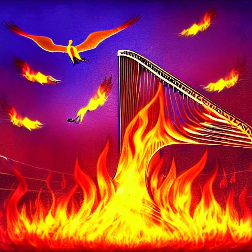 Image similar to in the lower part of the picture is the harp burning in the fire, above are cranes flying in flames, digital painting, concept art