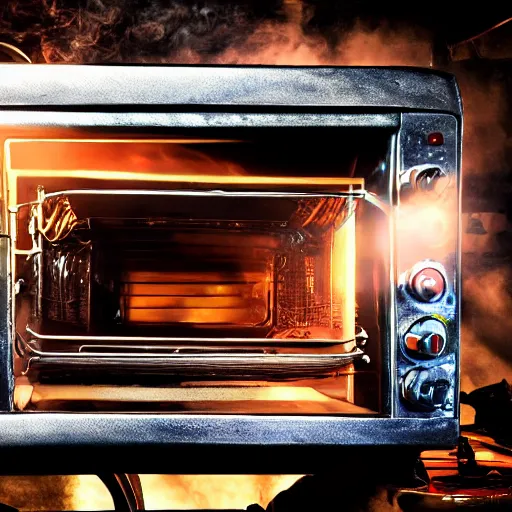 Image similar to cyborg toaster oven repairman, dark messy smoke - filled cluttered workshop, dark, dramatic lighting, orange tint, sparks, plasma rays, cinematic, highly detailed, sci - fi, futuristic, movie still