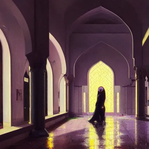 Image similar to action moment, detailed face! of a woman, courtyard, capital, cyberpunk mosque interior, control panel, watcher, omniscient, tech noir, wet reflections, impressionism, atmospheric, ambient, speed painting, livia prima, edward hopper