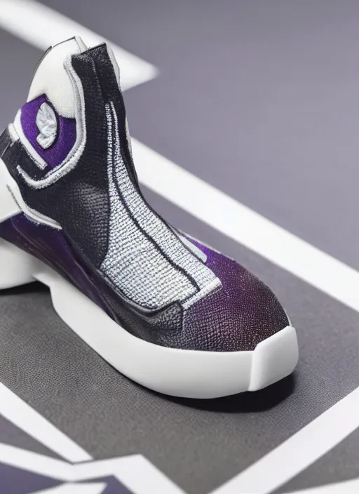 Image similar to hyperrealistic and heavy detailed product photo off white shoe of thanos ( marvel comics ), in front of white back drop, whole shoe is in picture, leica sl 2 5 0 mm, vivid color, high quality, high textured, real life