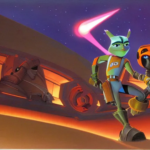 Image similar to ralph mcquarrie concept art for ratchet & clank