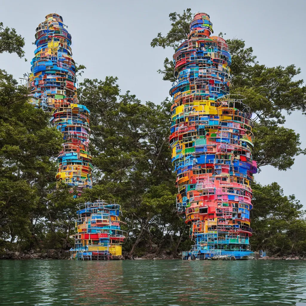 Image similar to a circular tower, made up of colourful makeshift squatter shacks suspended over water, dystopia, sony a 7 r 3, f 1 1, fully frontal view, ultra detailed, photographed by hiroshi sugimoto,