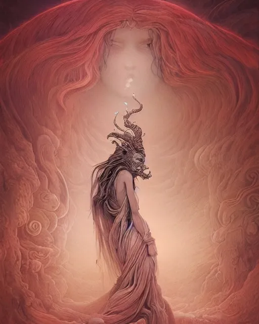 Image similar to a award winning illustration of a goddess formed by chinese flowing clouds by james jean, coated in nebula in the style of zdzisław beksinski / h. r. giger trending on artstation deviantart pinterest hyper detailed photorealistic highlights and shadow hd 8 k post - processing high resolution