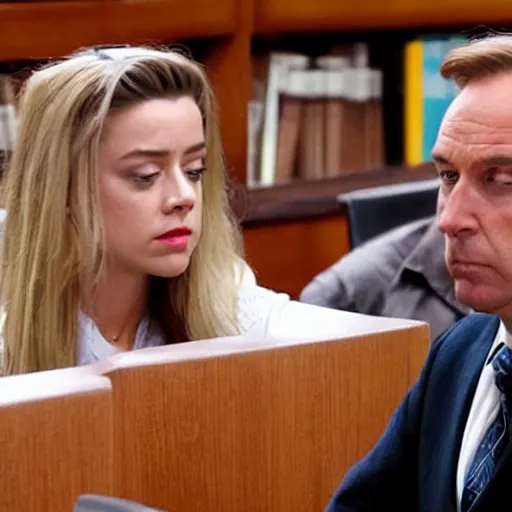 Image similar to Saul Goodman in a courtroom with Amber Heard