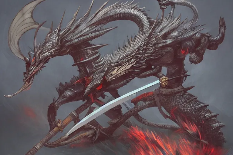 Prompt: a samurai dragon with a sword, digital art, fantasy artwork, extremely detailed, trending on artstation, award - winning, art from the greatest fantasy artists,