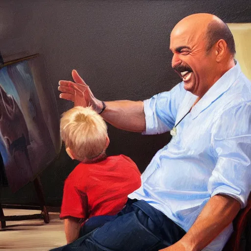 Image similar to highly detailed oil painting, concept art, dr phil laughing while kicking a sitting kid in the face, concept art, highly detailed