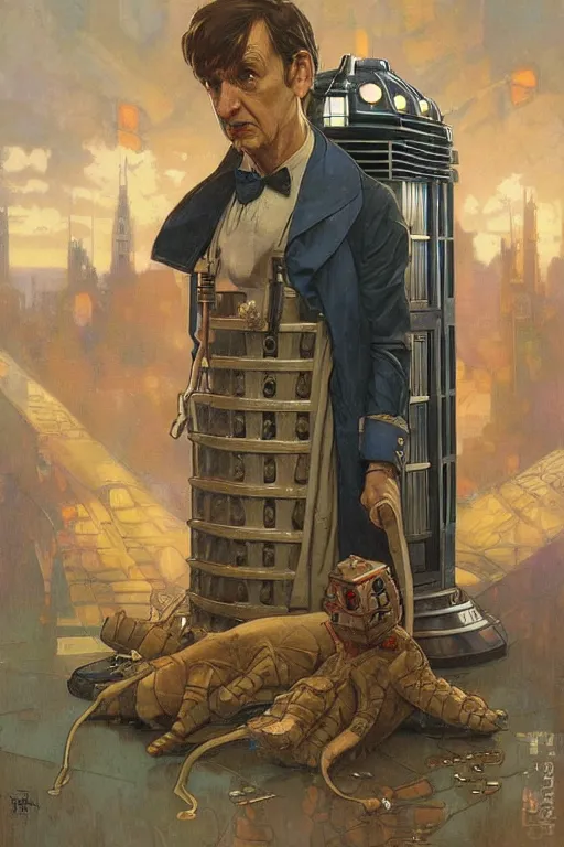 Image similar to Second Doctor, Dalek, TARDIS, by Stanley Artgerm Lau, greg rutkowski, thomas kindkade, alphonse mucha, loish, norman Rockwell