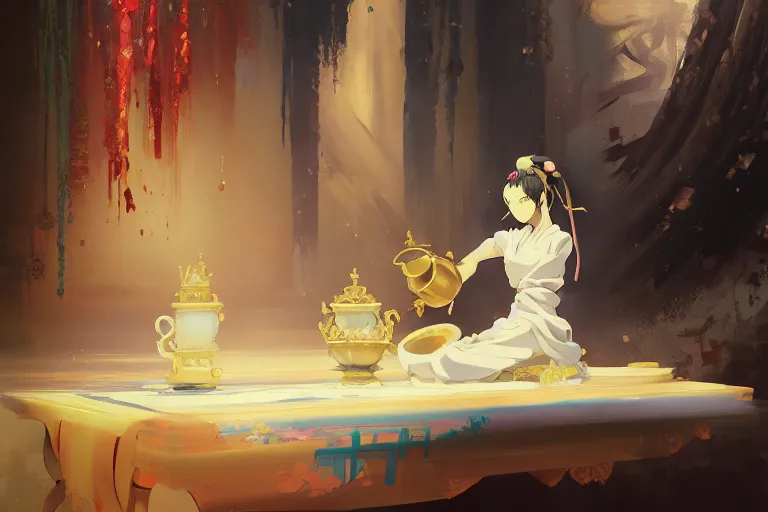 Image similar to baroque! oil painting of anime key visual environment concept art of anime! shinto priestess pouring a cup of tea, sat in seiza position, award winning anime, trending on artstation, palette knife! and brush strokes, oil on canvas, makoto shinkai greg rutkowski studio ghibli