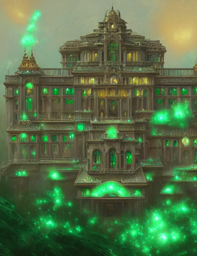 Image similar to a detailed digital painting of a palace made of gleaming emeralds, trending on artstation, digital art, 4 k resolution, detailed, high quality, sharp focus, hq artwork, coherent, insane detail, character portrait