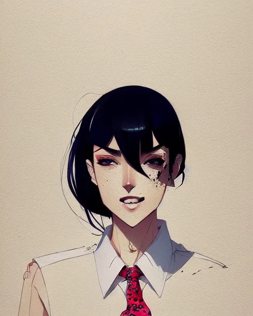 Image similar to a ultradetailed beautiful panting of a stylish woman wearing a shirt with a tie, she has black hair, by conrad roset, greg rutkowski and makoto shinkai, trending on artstation