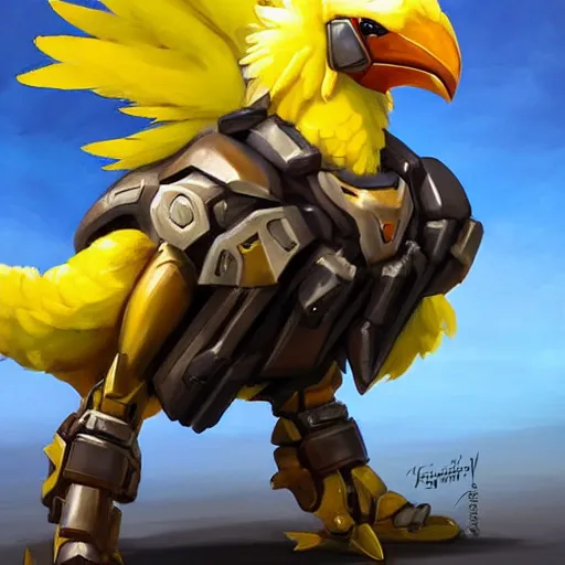 Image similar to greg manchess portrait painting of fully armored chocobo as overwatch character, medium shot, asymmetrical, profile picture, organic painting, sunny day, matte painting, bold shapes, hard edges, street art, trending on artstation, by huang guangjian and gil elvgren and sachin teng