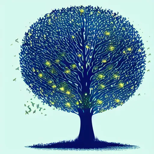 Image similar to mystical giant tree full of fireflies, blue golden leafs,