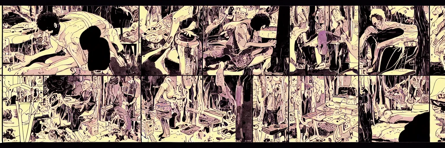 Image similar to character study of todd solondz tripping on mushrooms and becoming god | vivid colors : storyboard, graphic novel, adult comics, dramatic and emotional, concept design, realistic. by gabriel hardman, joe alves, j. todd anderson, chris bonura. cinematic atmosphere, detailed and intricate, perfect anatomy