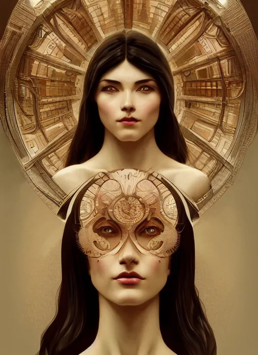 Image similar to symmetry!! pinup, machine parts embedded into face, intricate, elegant, highly detailed, digital painting, artstation, concept art, smooth, sharp focus, illustration, art by artgerm and greg rutkowski and alphonse mucha, 8 k