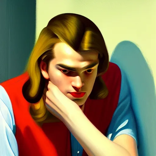 Prompt: A beautiful close-up of a young man, his hairstyle long hair pushed back, dressed like in the 1940s, digital art by Edward Hopper, vibrant color scheme, highly detailed, in the style of romanticism, fine Art, high detail, great lighting, 8k resolution, masterpiece, concept art, illustration, clear eyes, soft lighting, soft details, painting oil on canvas, octane render, HDR, trending on artstation, 4k, 8k, HD