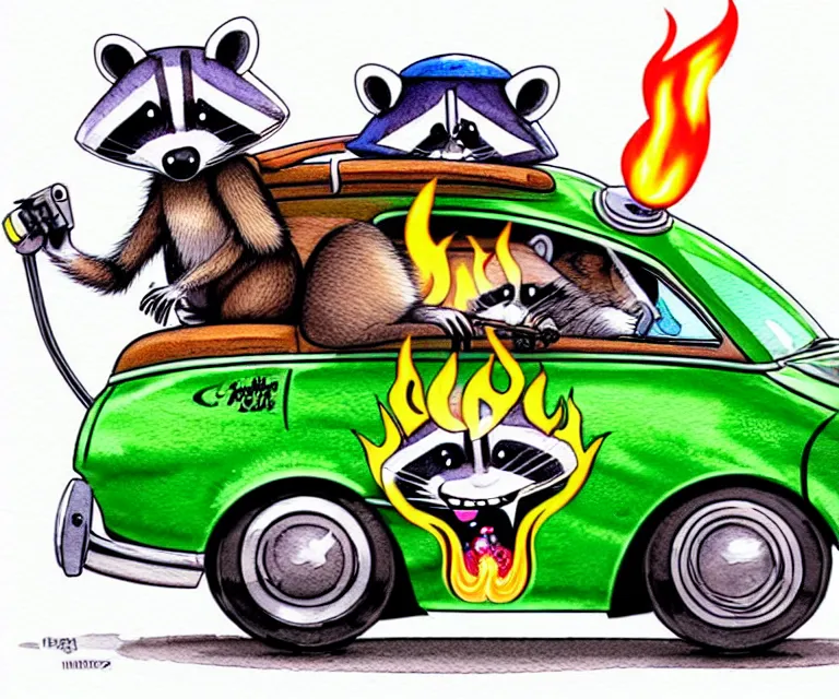 Image similar to cute and funny, racoon wearing a [ helmet with flame stickers ] riding in a tiny hot rod coupe with oversized engine, ratfink style by ed roth, centered award winning watercolor pen illustration, isometric illustration by chihiro iwasaki, edited by range murata