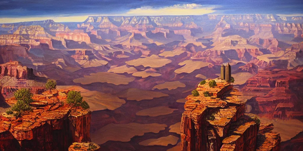 Image similar to Manhattan in the Grand Canyon, cinematic lighting, detailed oil painting, hyperrealistic, 8k