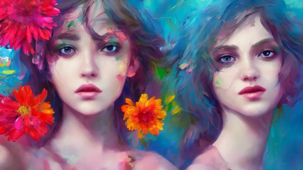 Image similar to stunning colorful mixed media art, female character, flowers, art by cgsociety, 8 k, high resolution