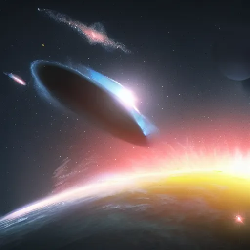 Prompt: big black hole drags planet nearby, nebula, spaceship flies in the distance, 4 k, detailed, concept art, cinematic view