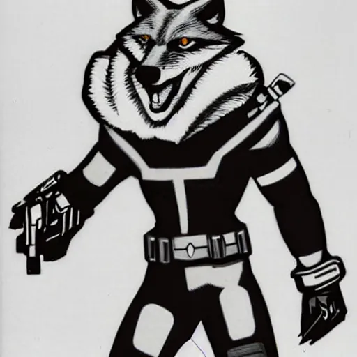 Image similar to 1 9 8 0 s video game art of anthropomorphic wolf o'donnell from starfox fursona furry wolf in a dark space mercenary uniform, looking heroic, magazine scan, 8 0 s game box art, dark grey wolf o'donnell