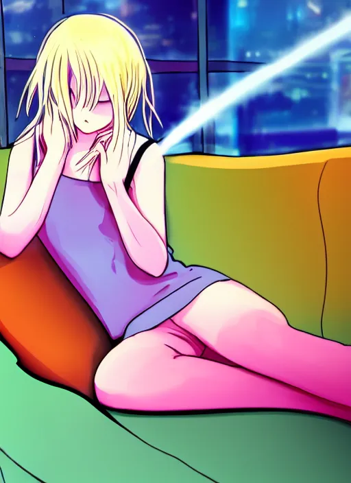 Prompt: anime girl with blonde hair laying on sofa, smoking, neon lights