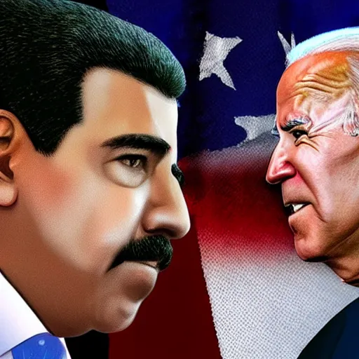 Image similar to Joe Biden and Nicolas Maduro hugging in Tehran, digital art