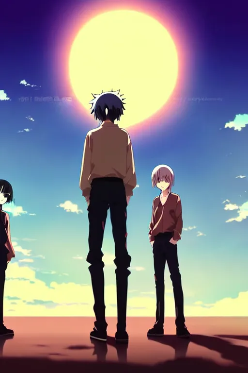 Image similar to anime art full body portrait character concept art, anime key visual of dark haired men standing in front of a sunset with 3 suns, large eyes, finely detailed perfect face delicate features directed gaze, trending on pixiv fanbox, studio ghibli, extremely high quality artwork