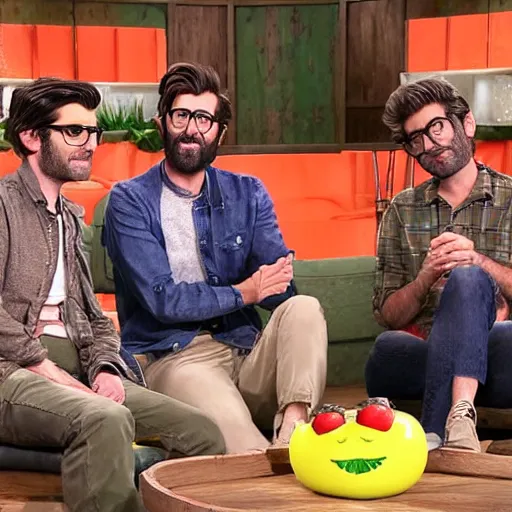 Prompt: rhett and link sitting on the set of good mythical morning, with a new guest a tomato monster