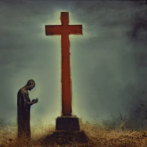 Image similar to one man in a cemetery, with a cross behind him, digging up a dead body, by nicola samori, painting, 8 k, high detail, blue, orange, and dark green tones, high quality, sad feeling, high detail, dark colors, sinister atmosphere, dramatic lighting, cinematic, establishing shot, extremely high detail, photo realistic, cinematic lighting