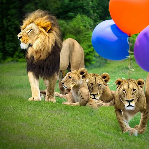 Image similar to award winning nature photography, a scenic picture of a birthday cake surrounded by lions. balloons are in the background. lion birthday party setting. extremely detailed lions. hyperrealistic, 8 k