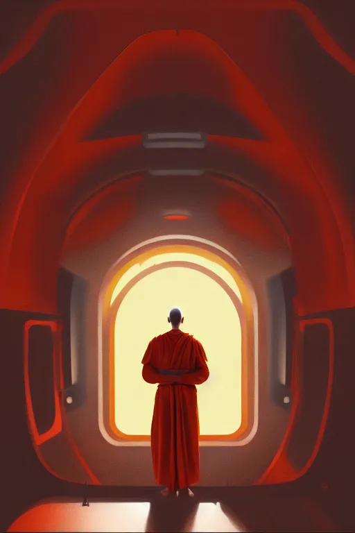 Image similar to portrait of a monk in a spaceship, looking out of a round window at nebula, orange robe, dramatic lighting, artstation, matte painting, ralph mcquarrie