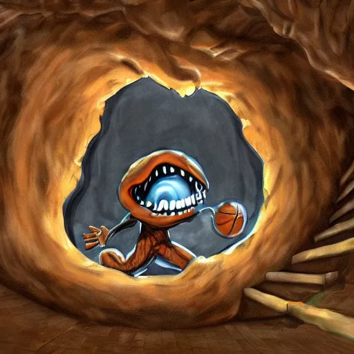 Image similar to a mimic jumping out of it's disguise as a basketball inside of a cave gnarling it's teeth ready to attack, fantasy, digital painting