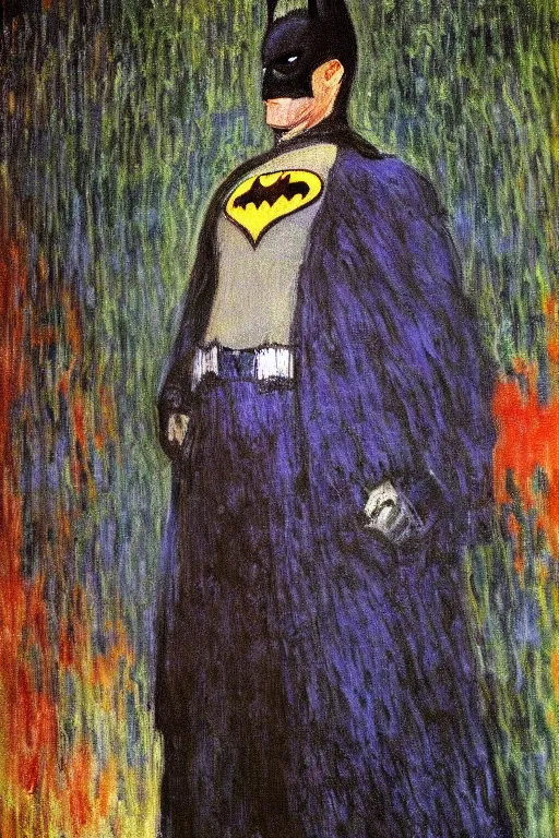 Image similar to Batman portrait impresionism painting by Claude Monet, night