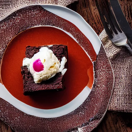 Image similar to An extreme close-up of a slice brownie with icecream on a plate, food blog, Michelin Star Restaurant, F 2.8, 85mm Velvia 100, high DOF