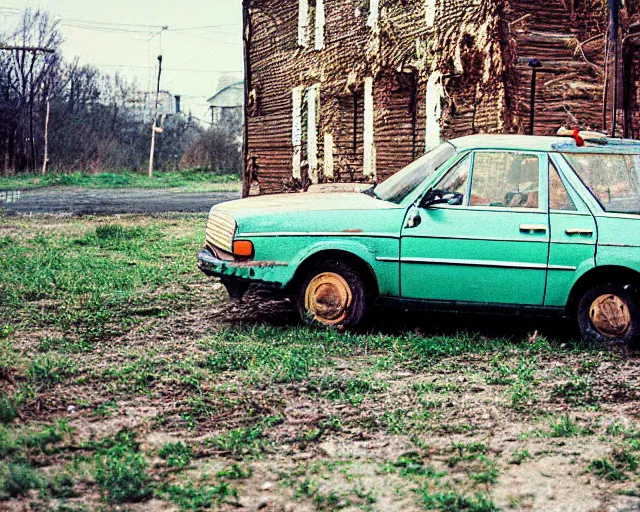 Image similar to a lomographic photo of old lada 2 1 0 7 standing in typical soviet yard in small town, hrushevka on background, cinestill, bokeh