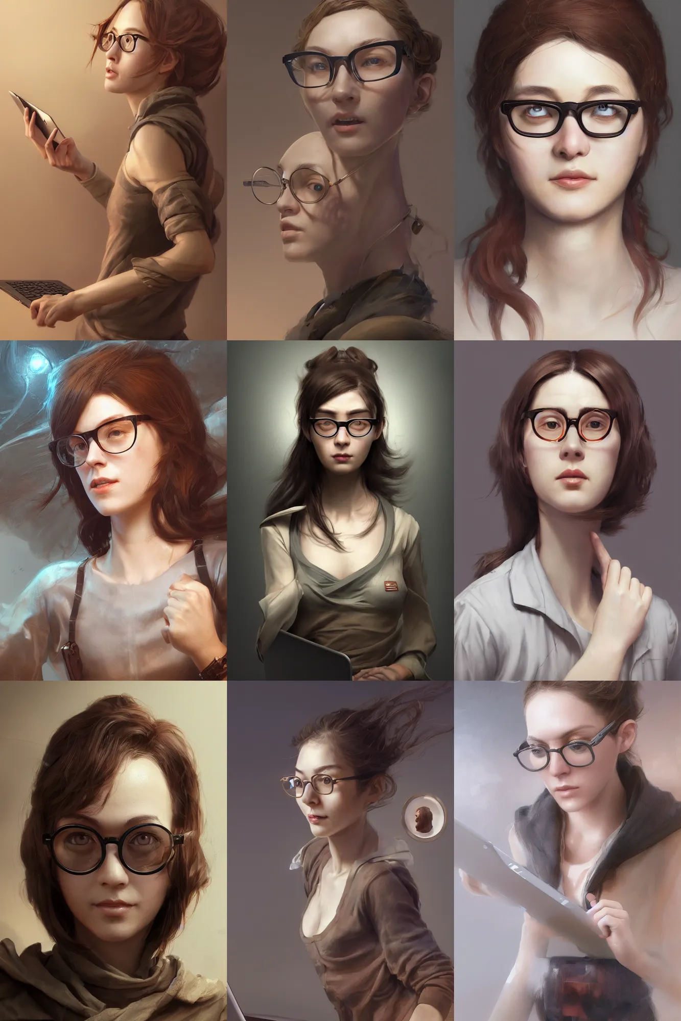 Prompt: woman working on a macbook, 2 5 yo, center parted brown hair, sleepy eyes, snub nose, thin lips, oversized round circular glasses, 3 d render, hyper - realistic detailed portrait, ruan jia, wlop. scifi, fantasy, magic the gathering, hyper detailed, octane render, concept art, peter mohrbacher