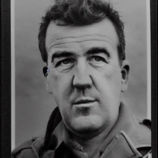 Prompt: Jeremy Clarkson as a soldier during WW2, grainy monochrome accurate photo
