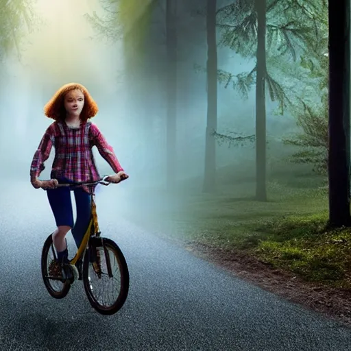 Image similar to Sadie Sink (Maxine Mayfield) from Stranger Things riding her bike in the middle of the street with forest in the background, looking straight ahead, her bike's flashlight illuminating the ground, realistic, extremely high detail, photorealistic, no shadows, 8k