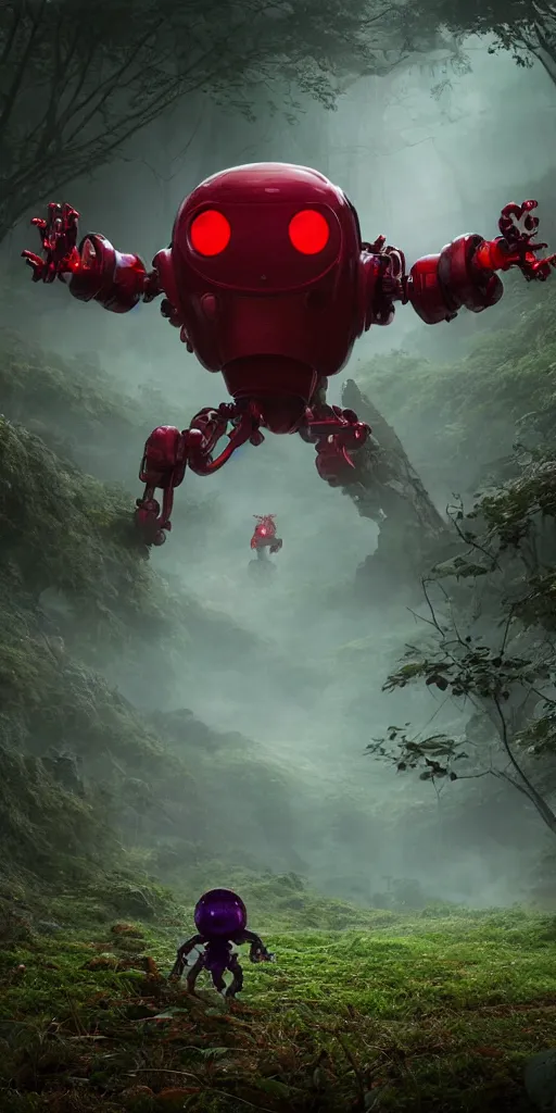 Image similar to little red robot with glowing purple eyes, surrounded by a green forrest, moody , lovecraft, giger, ridley scott, zack snyder, Fenghua Zhong, realistic cinematic lighting, establishing action shot, ultra detailed, hyper realism, photo, octane render