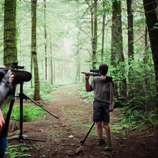 Prompt: in a background green forest, in foreground boy with shotgun, 8 k