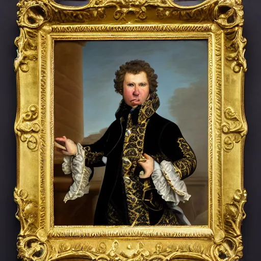 Image similar to A rococo portrait of Will Ferrell as the King of France, by Jacques-Louis David, Réunion des Musées Nationaux, Louvre Catalogue photography