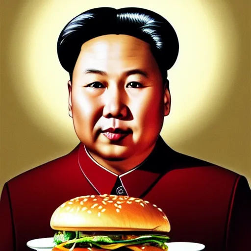 Image similar to portrait of Chairman Mao eating a giant hamburger , extra onions and ketchup, luscious patty with sesame seeds, feminine ethereal, handsome, D&D, fantasy, intricate, elegant, highly detailed, digital painting, artstation, concept art, matte, sharp focus, illustration, art by Artgerm and Greg Rutkowski and Alphonse Mucha