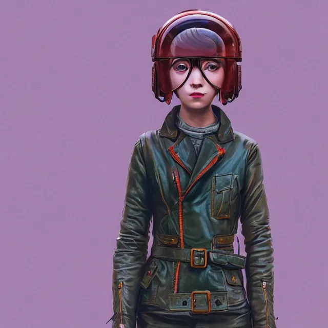 Image similar to highly detailed portrait of androgynous girl wearing bakelite leather jacket, bakelite rocky mountains, japanese haunted forest, by hsiao - ron cheng and artgerm, modular synthesizer helmet backpack, the grand budapest hotel, glow, no crop, digital art, artstation, pop art