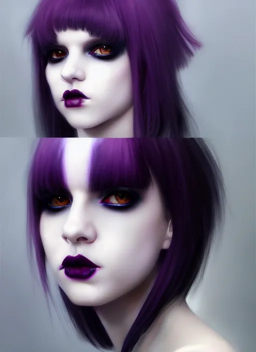 Image similar to portrait of white teenage girl, normal face, white bangs, mall goth, cyberlox, black and white hair, bangs, fluffy bangs, red contact lenses, purple lipstick, intricate, elegant, highly detailed, digital painting, artstation, concept art, sharp focus, smooth, illustration, art by wlop, mars ravelo and greg rutkowski