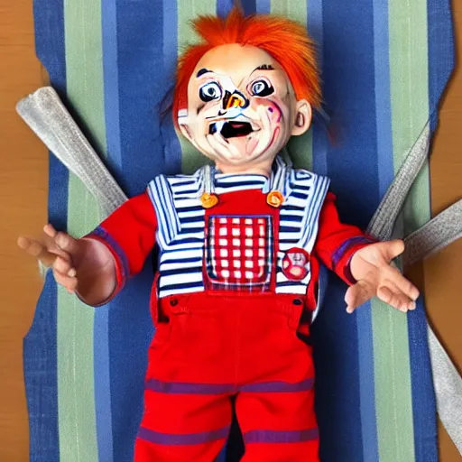 Prompt: Chucky the red head evil doll wearing blue overalls and a rainbow stripped shirt