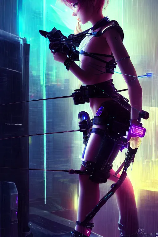 Image similar to portrait futuristic adorable cyberpunk young female Archer, in futuristic stormy thunder light tokyo rooftop cyberpunk night, ssci-fi, fantasy, intricate, very very beautiful, elegant, neon light, highly detailed, digital painting, artstation, concept art, soft light, hdri, smooth, sharp focus, illustration, art by tian zi and craig mullins and WLOP and alphonse mucha